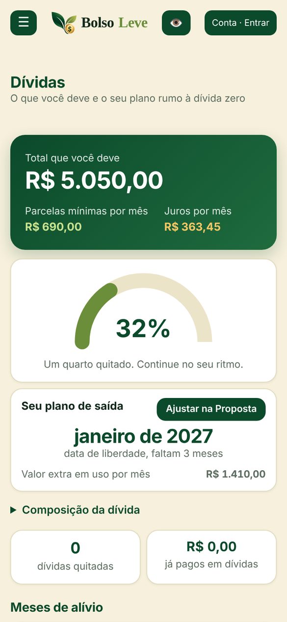 Tela de Dívidas do Bolso Leve com total devido, juros por mês e progresso