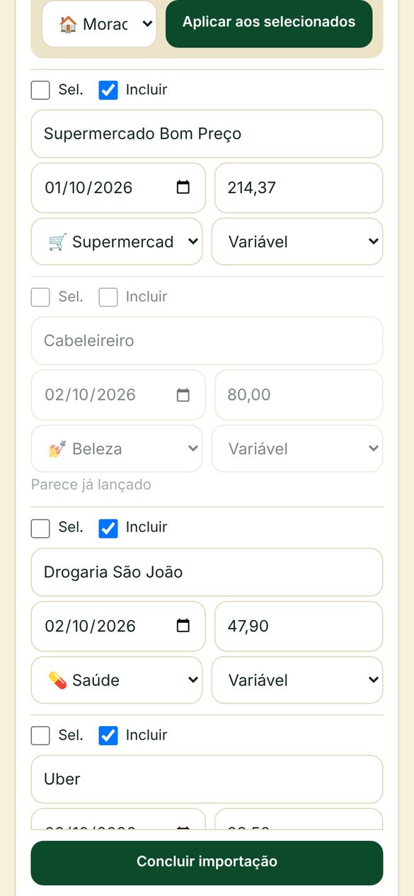 Importação da fatura com compras separadas por categoria e o aviso Parece já lançado
