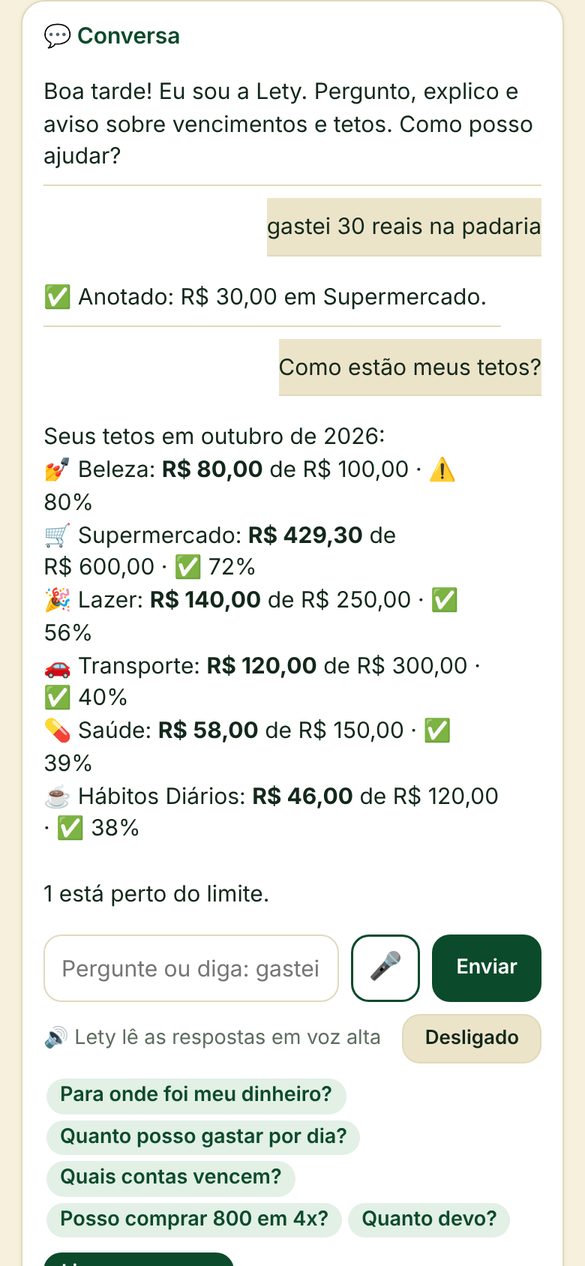 Conversa com a Lety mostrando a resposta sobre os tetos do mês